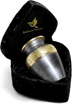 Small Urns for Human Ashes with Velvet Heart Case - Brass Hand Engraved - Mini Memorial Urn for Ashes - Gray Keepsake Cremation Urn for Mom, Dad, Baby & Someone Special