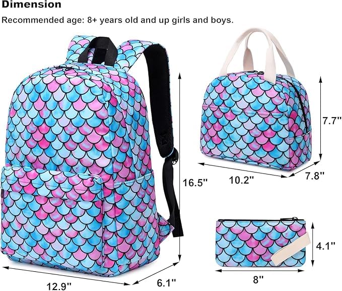 Image of 17-Inch School Backpack Set for Girls (3-in-1: Backpack + Lunch Bag + Pouch) | Padded Laptop Sleeve (Fits up to 16″) & Padded Shoulder Straps | Perfect for School, College & Travel