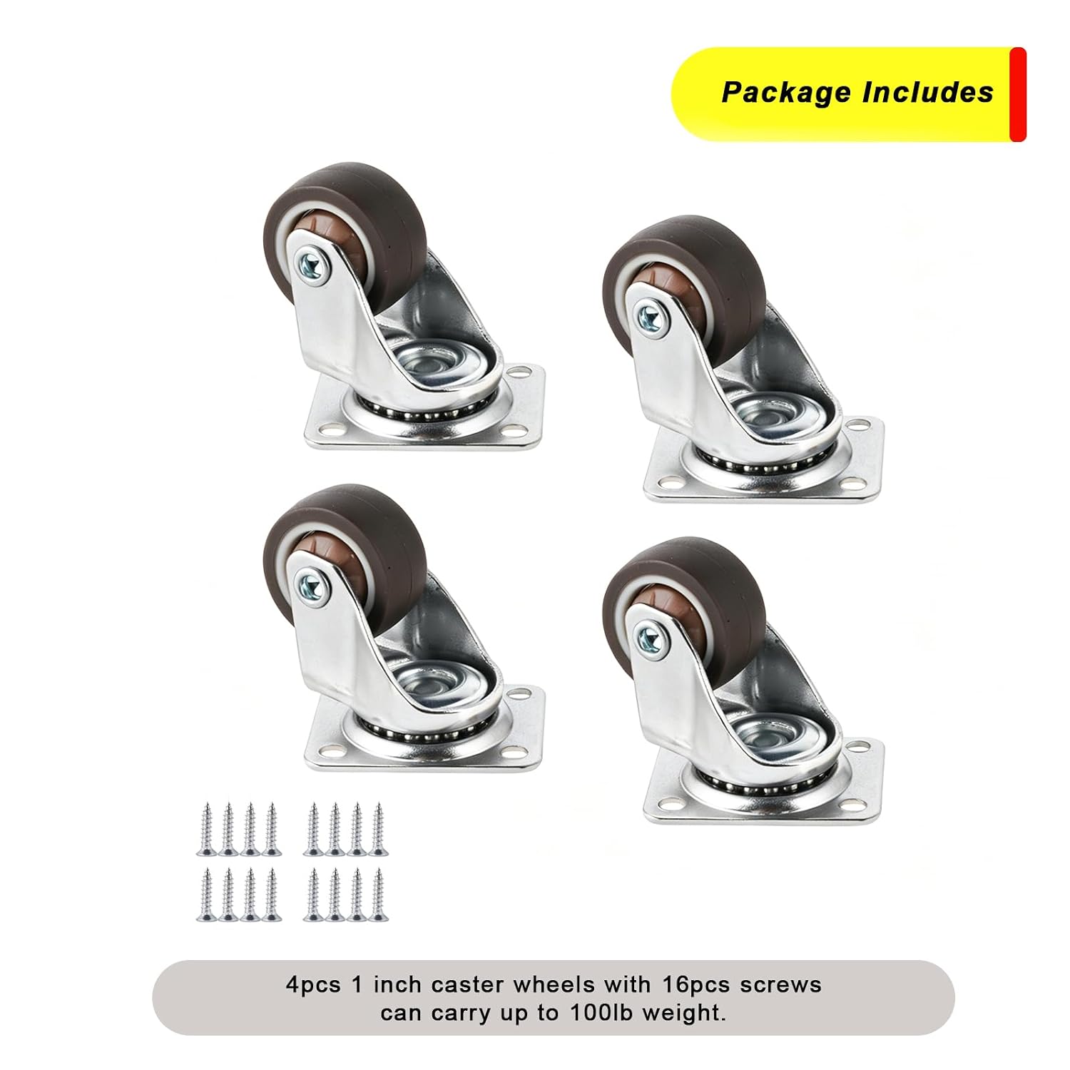 Small Caster Wheels 1 Inch Swivel Plate Castors 4pcs 360 Degree Rollable Low Profile Soft Rubber Wheel Replacement with Screw in Smooth and Quiet for Rolling Light Furniture Weight Under 100Lb