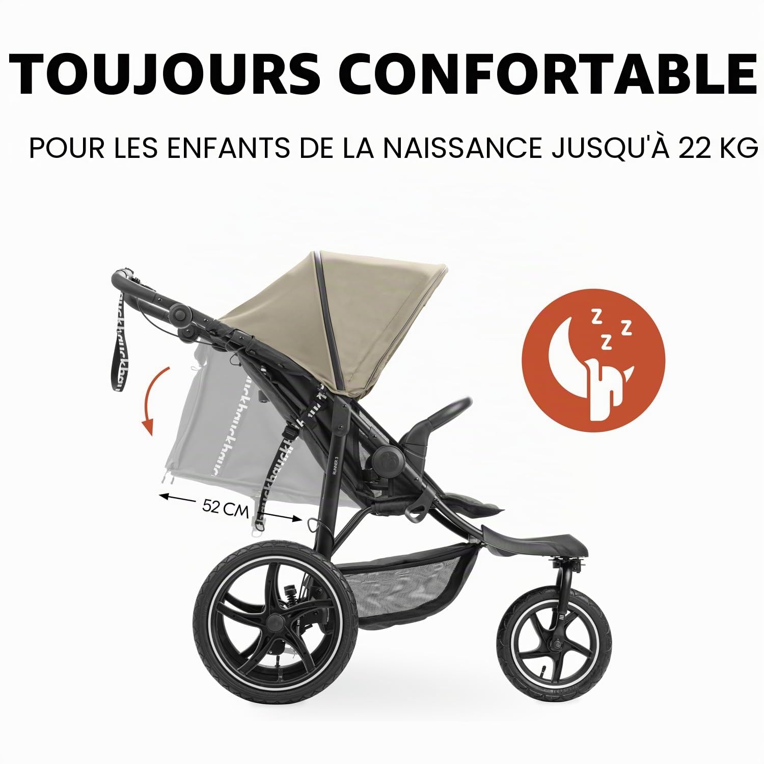 Hauck Runner 3 Olive Poussette tout-terrain robuste avec frein à main, pare-soleil XL, porte-gobelet, housse de pluie, roues pneumatiques XL, dossier inclinable dès la naissance jusqu'à 22 kg, poignée