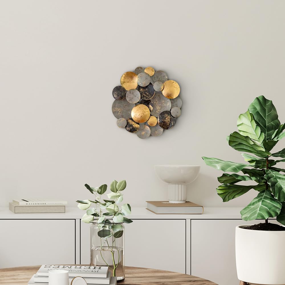 ZEYA Wanddeko Metall Ø30 cm, 3D Wandornament rund, Wandskulptur Metall Gold Schwarz Grau, edles Wohnaccessoire & Deko für neues Zuhause