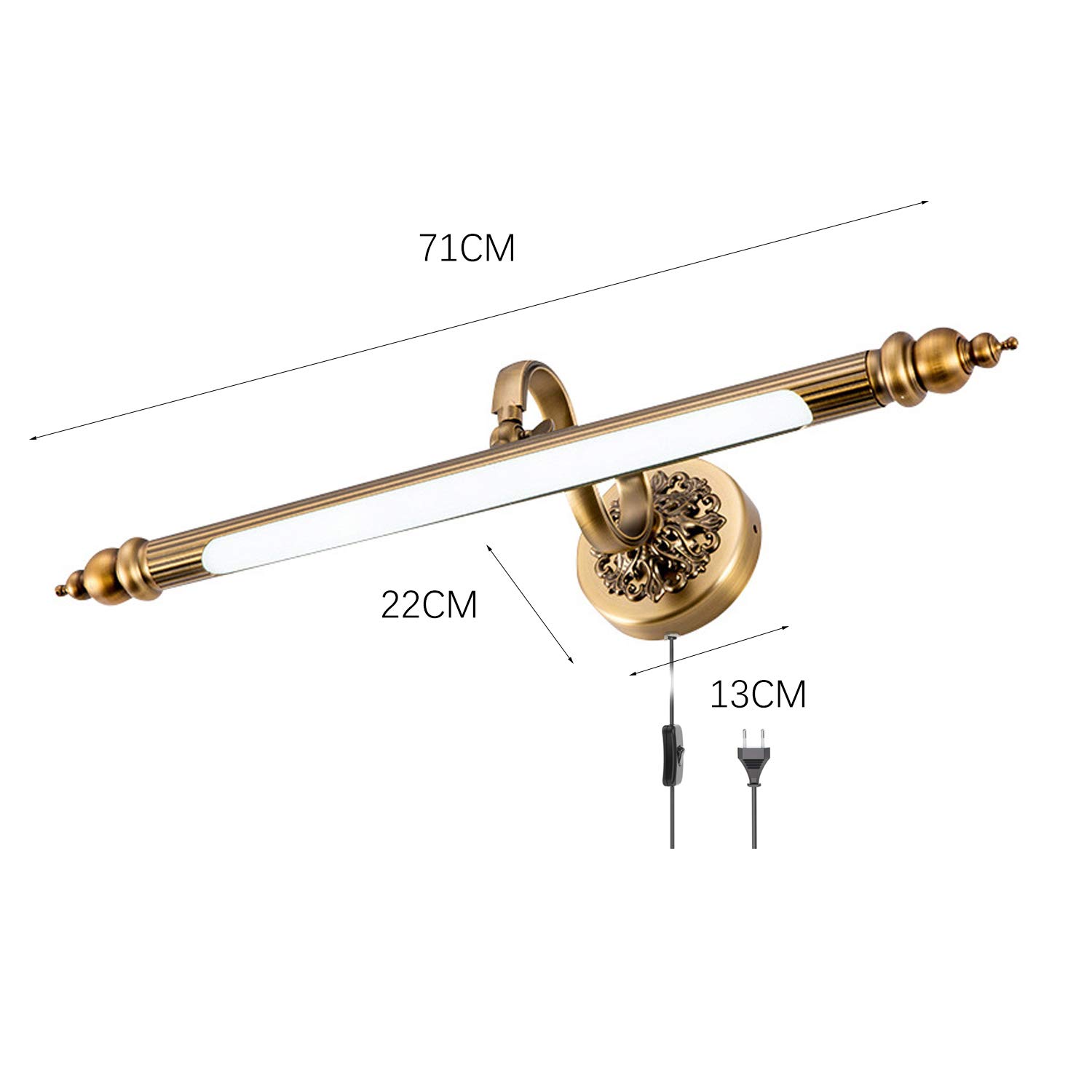 ACMHNC LED Badezimmer Spiegellampe Mit Schalter, Braune Bronze Vintage Spiegelleuchte Bad Mit Stecker Und Kabel, IP44 Badleuchte Schrankleuchte Einstellbarer Wandlampe 4000K Bilderleuchte,71cm/12w