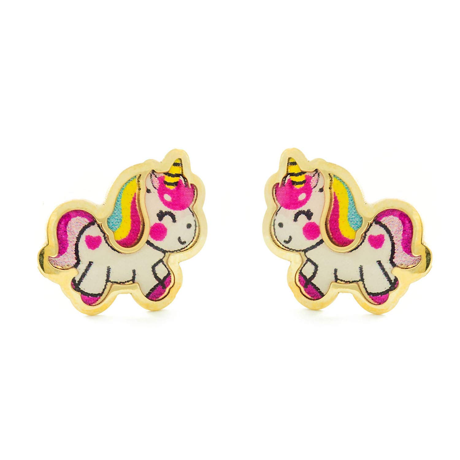 Monde Petit Pendientes Oro Niña Unicornio Esmaltado (9kts) - Estuche Regalo - Certificado de Garantía - Mondepetit