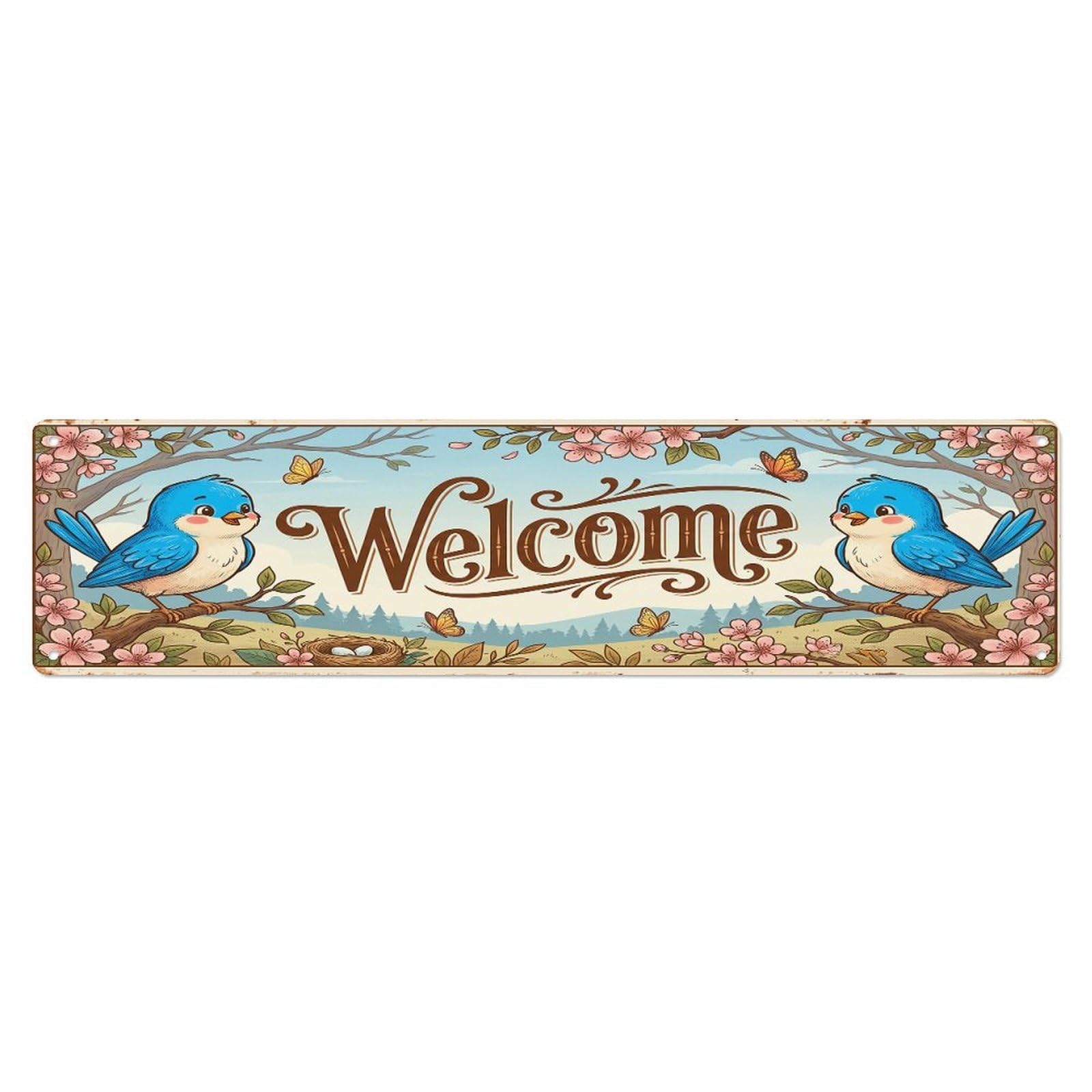 Cxhjca 4X16inch(10X40cm) Vintage Welcome Bluebird Branch Metal Tin Sign