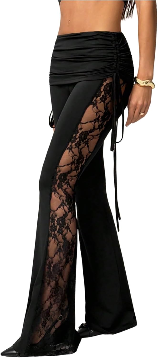 SHENHE Women's Y2K Lace Flare Pants Drawstring Side Ruched Coquette Bell Bottom Pants