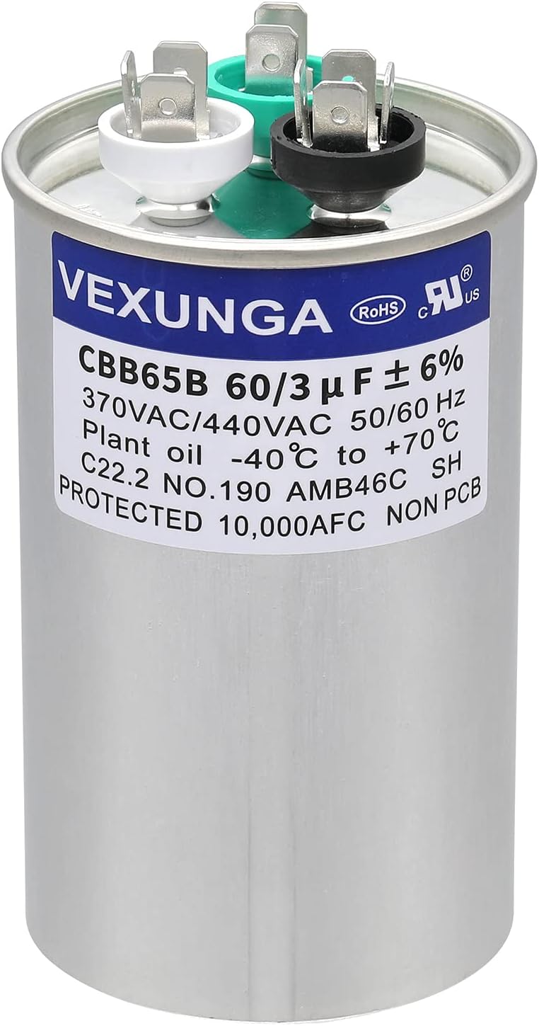 60/3 uF 60+3 MFD 370VAC or 440VAC Dual Run Start Round A/C Capacitor CBB65 CBB65B Air Conditioner Capacitors for AC Unit Fan Motor Start or Heat Pump or Condenser Straight Cool