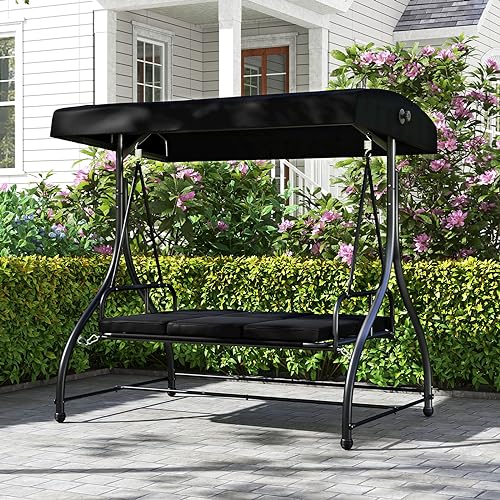 Image of HAPPYGRILL 3 Seat Outdoor Porch Swing, 2-in-1 Swing Glider with Adjustable Canopy, Removable Cushions, Foot Pad, Curved handrails, Outdoor Swing for Patio Yard Garden Balcony Backyard