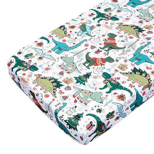 Image of JISEN Baby Crib Sheet 1 Piece Portable Fitted Crib Sheet for Standard Crib and Toddler Mattresses Nursery Bed Decor for Boys Girls 28x52 Christmas Dinosaurs