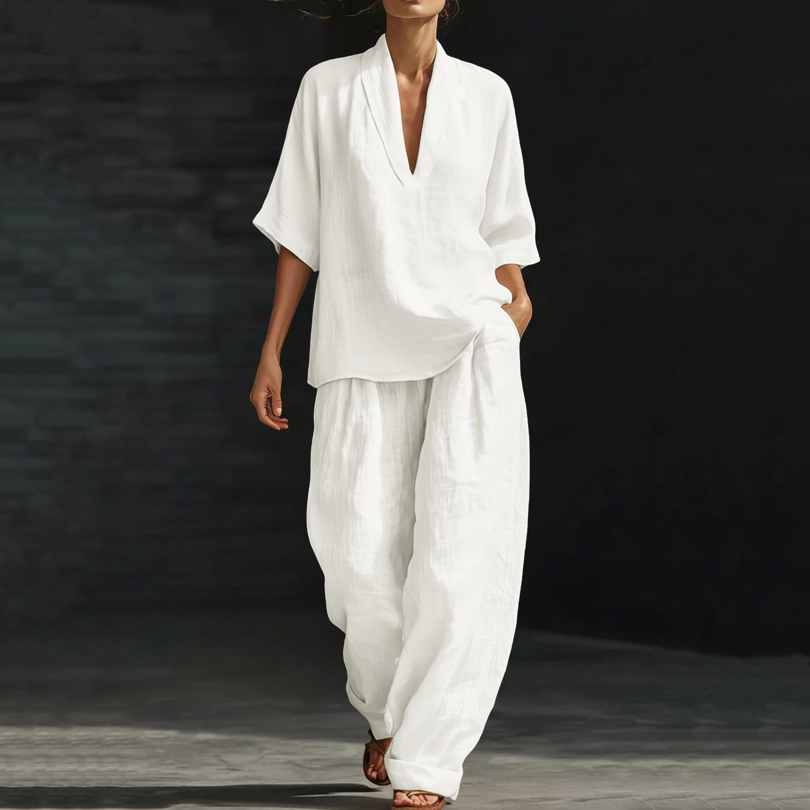Co Ord Ensembles 2 pièces pour femme - Tenue de voyage à l'aéroport - Chemise à manches mi-longues et col en V - Pantalon ample à jambes larges avec poches - En coton et lin - Vêtements de vacances