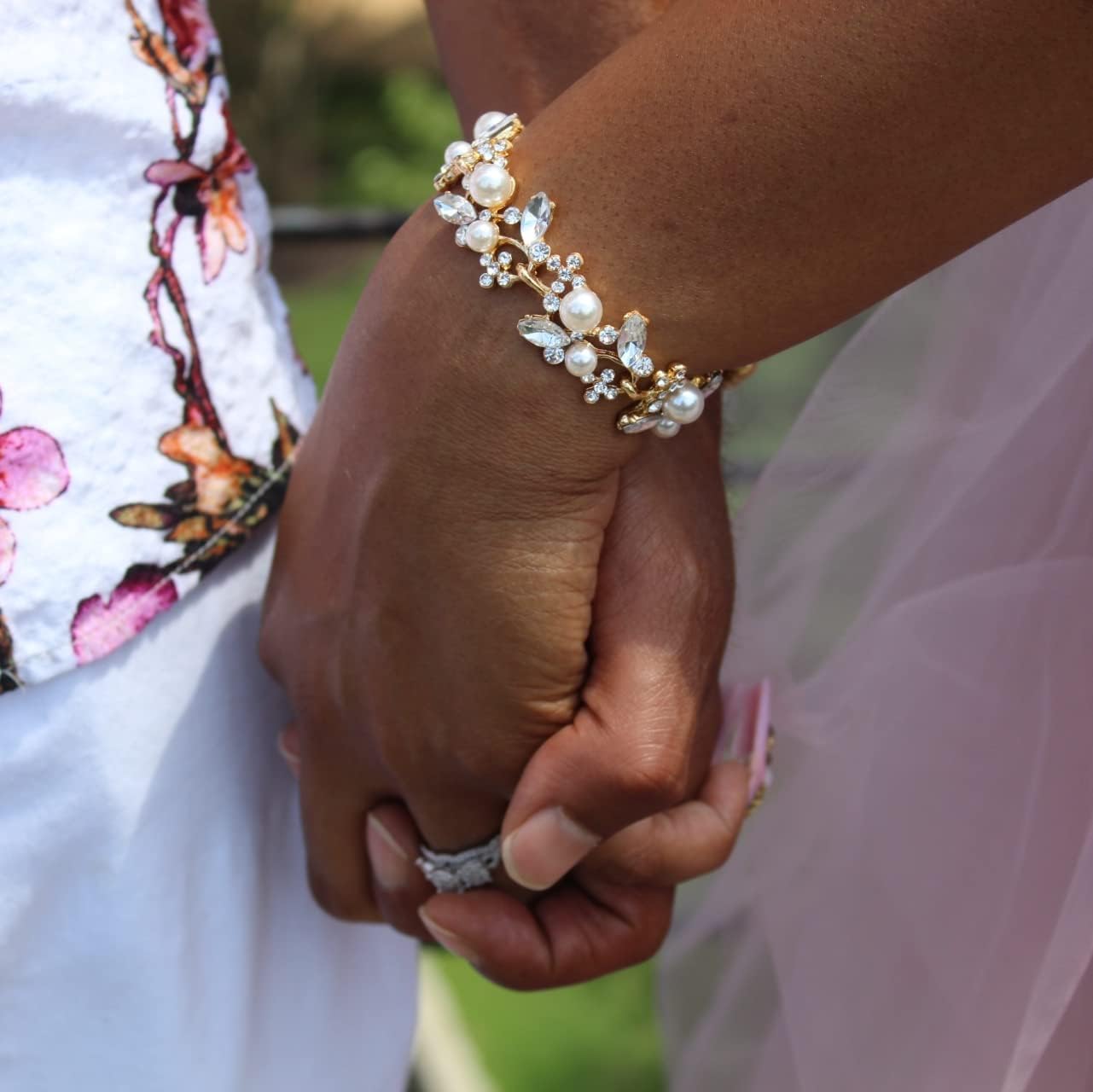 EVER FAITH Austrian Crystal White Simulated Pearl Bridal Floral Leaf Tennis Bracelet Clear - Image 2