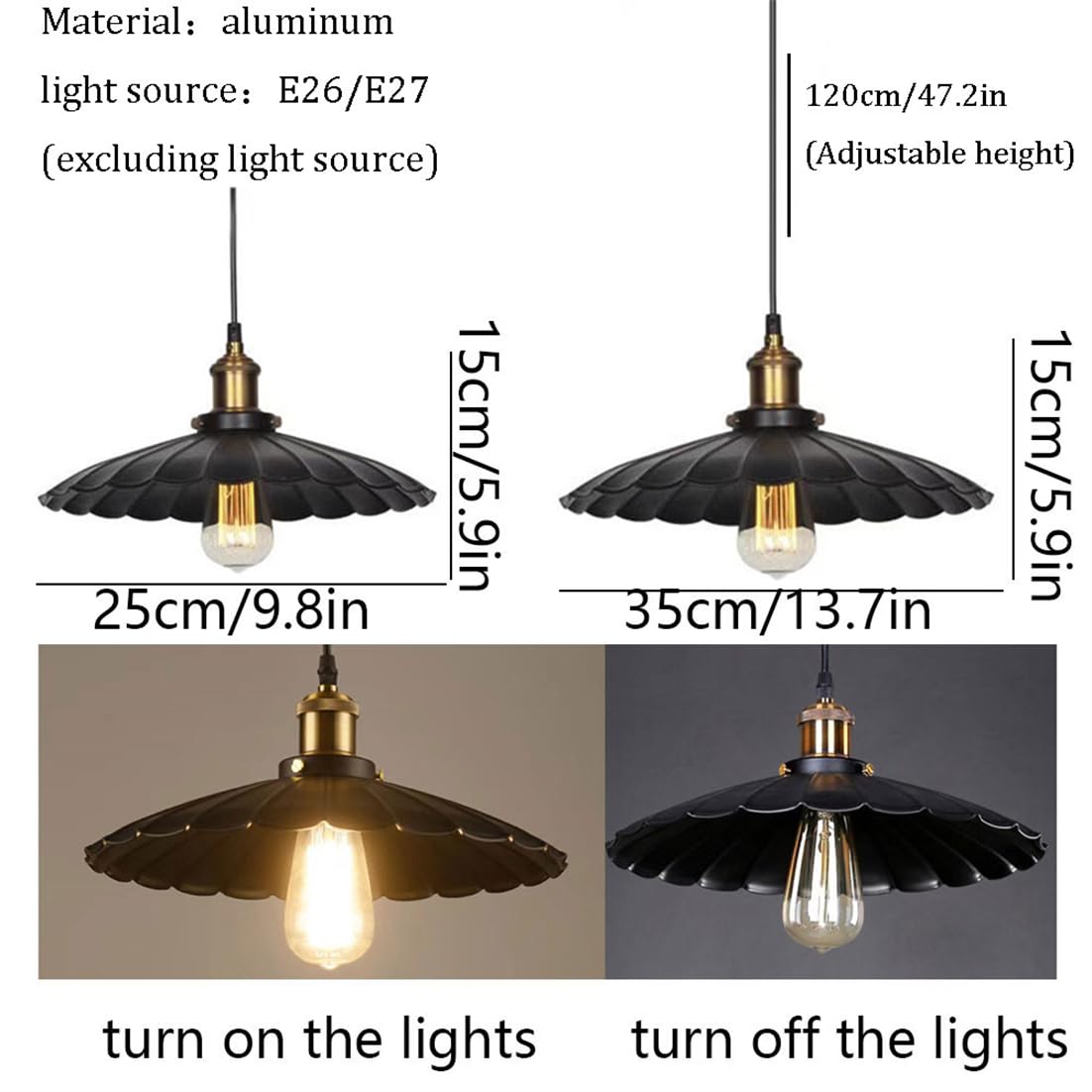 Czarna przemysłowa lampa wisząca z plisowanym wzorem - Vintage Lampa wisząca w stylu stodoły, złota mosiężna głowica lampy z białego wykończenia