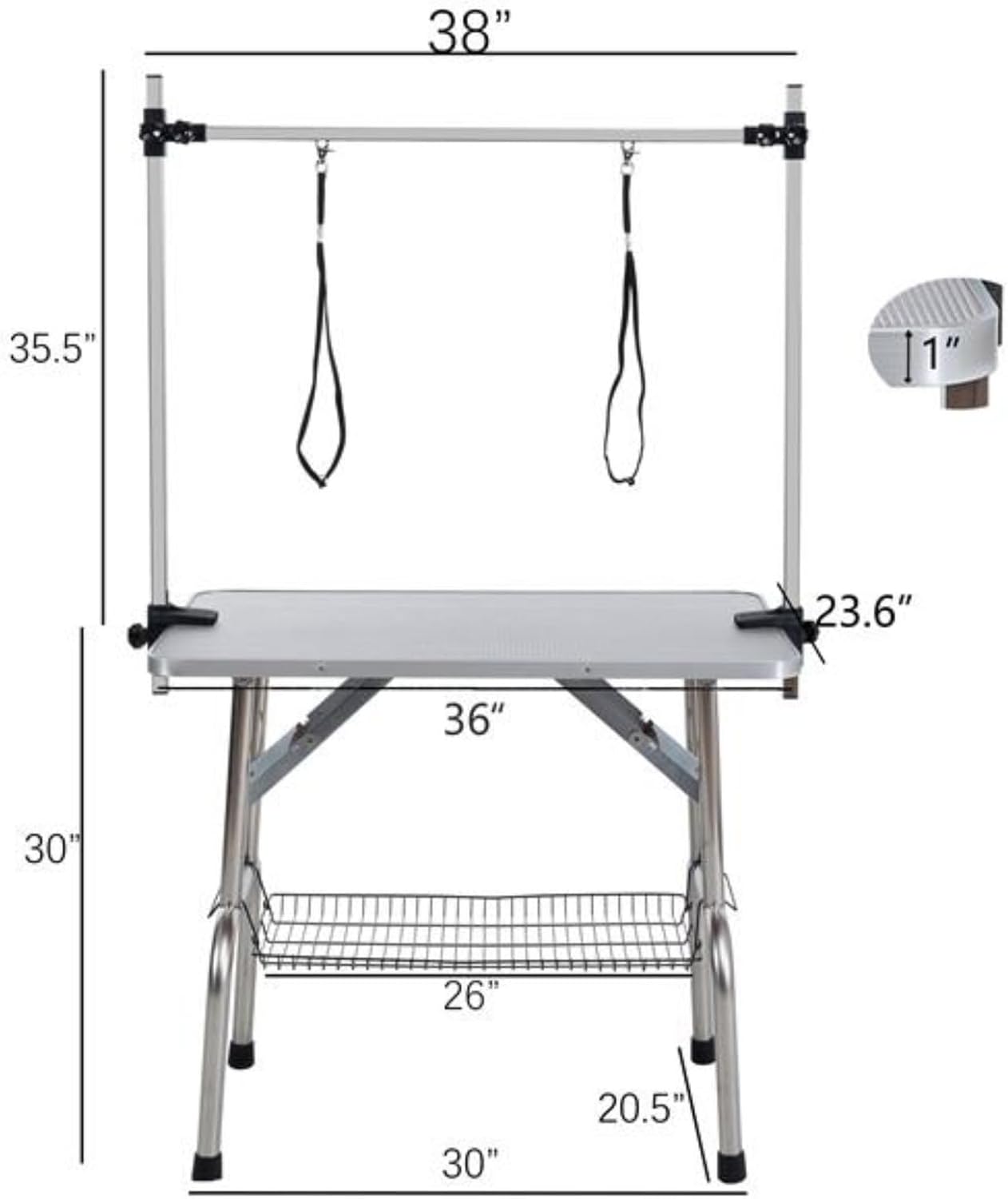 36-inch Folding Dog Grooming Table, Pet Supplies, Stainless Steel Frame, Rubber Pads, Adjustable Arms and Clips, Silver Gray