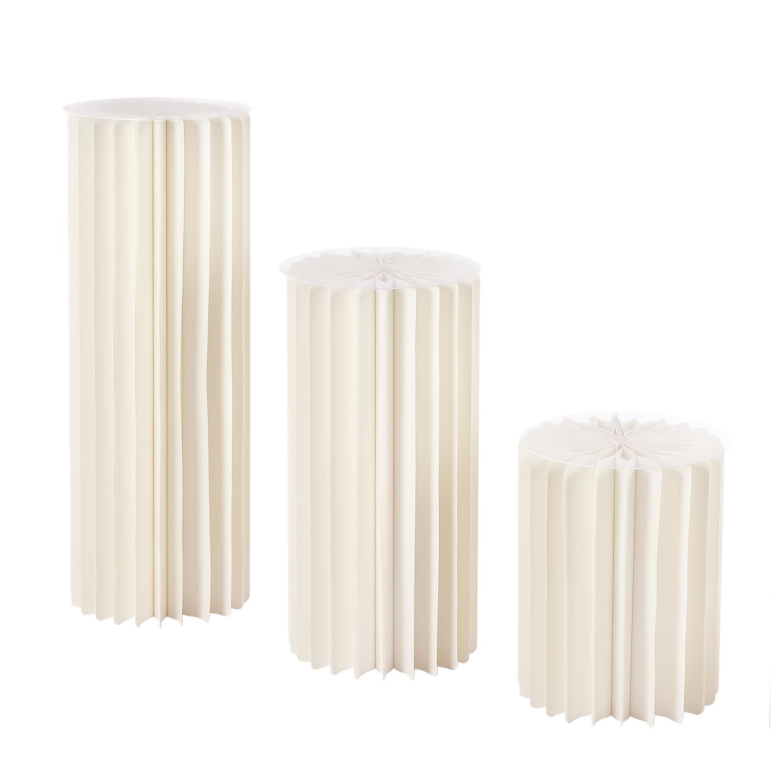 Soporte para flores de cartón, 3 unidades, papel de flores, redondo, centros de mesa, columnas decorativas, columnas plegables, columna decorativa, capacidad de carga 50 kg, color blanco, 40 cm, 60 cm