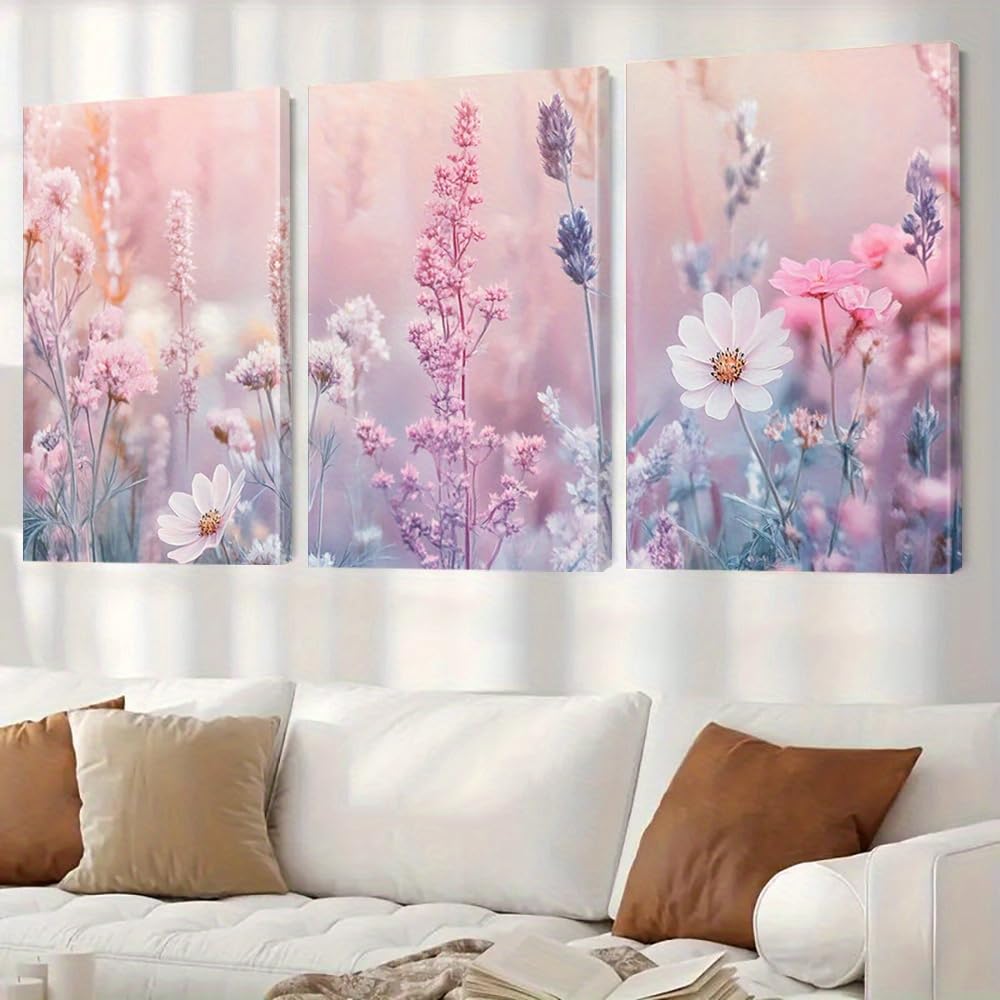 GLWDME 3 sztuki 30 x 40 cm różowe kwiaty dekoracja ścienna, obrazy na płótnie, plakaty i wydruki, obraz ścienny do salonu, sypialni, jadalni, biura (z ramą wewnętrzną)
