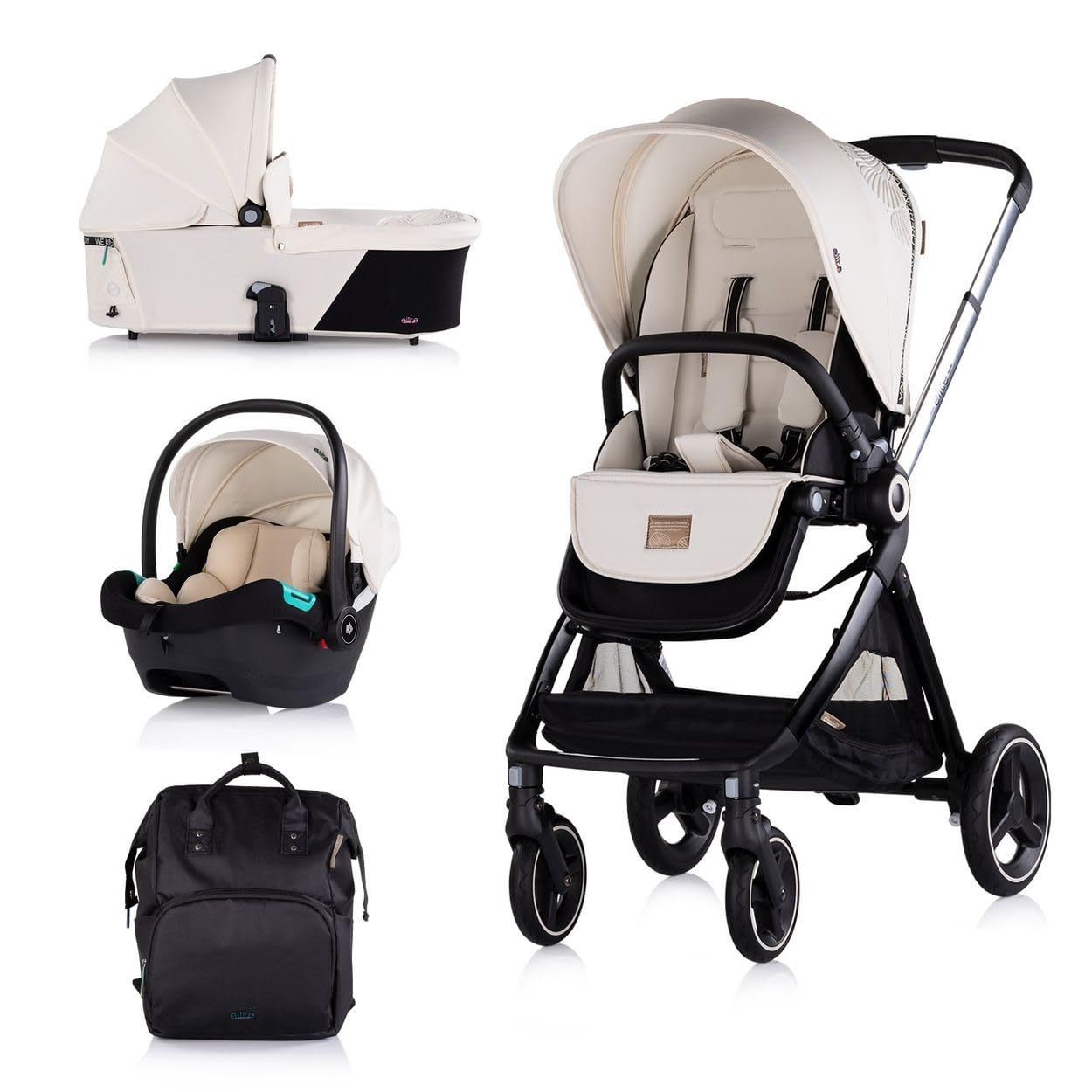 Chipolino Wózek dziecięcy Elite 3 w 1 i-Size, fotelik dziecięcy, fotelik sportowy, gondola dla niemowląt, torba, kolor: czarny beżowy