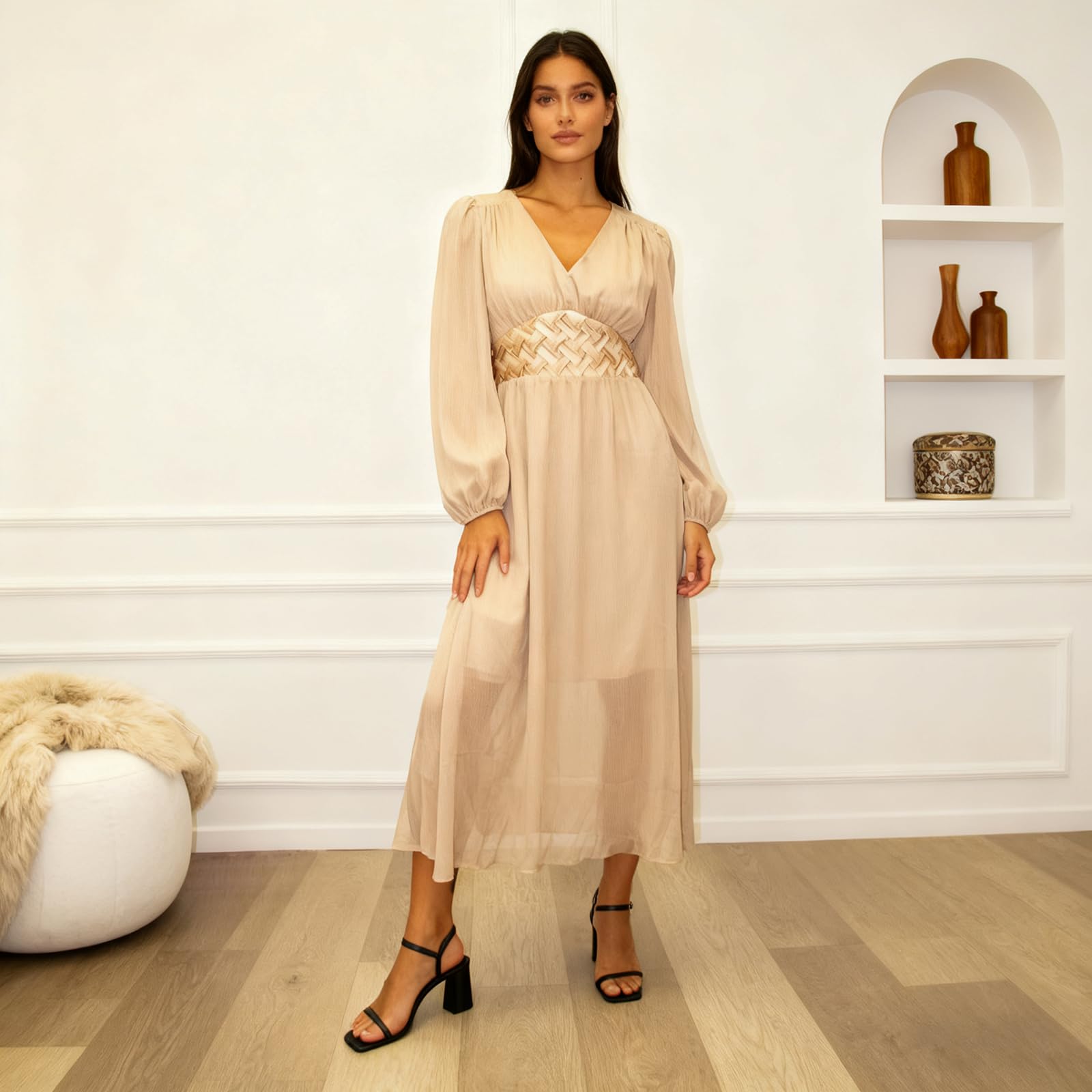 Vestido de noche para mujer, elegante, para bodas, mangas de farol, vestido de baile, línea A, vestido de invitado de boda, cuello en V, vestido maxi, vestido de fiesta, vestido de graduación, vestido
