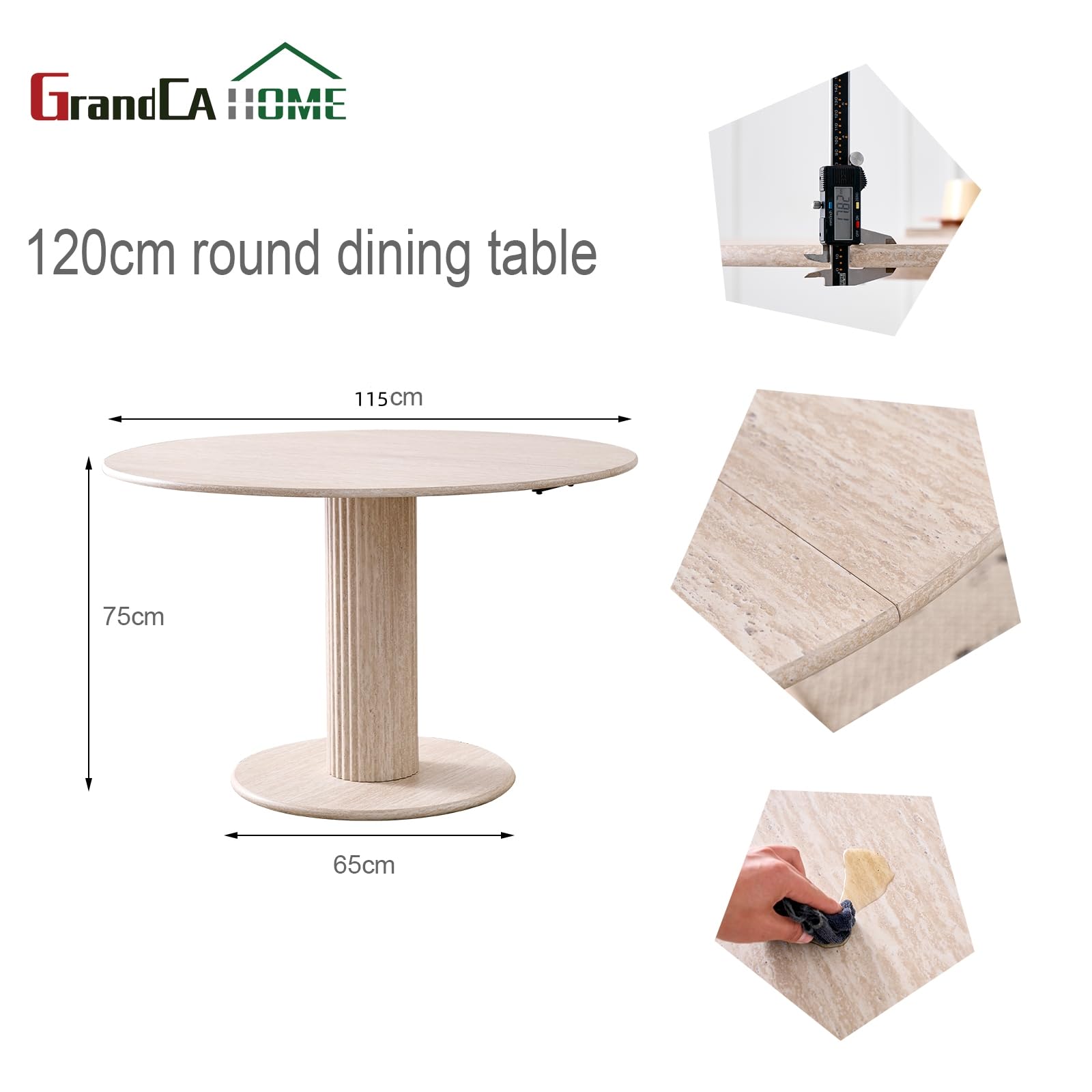 GrandCA HOME Table à Manger Ronde Moderne et Simple, Imitation Travertin Jaune, Diamètre 115 cm, Pouvant Accueillir 4 à 6 Personnes