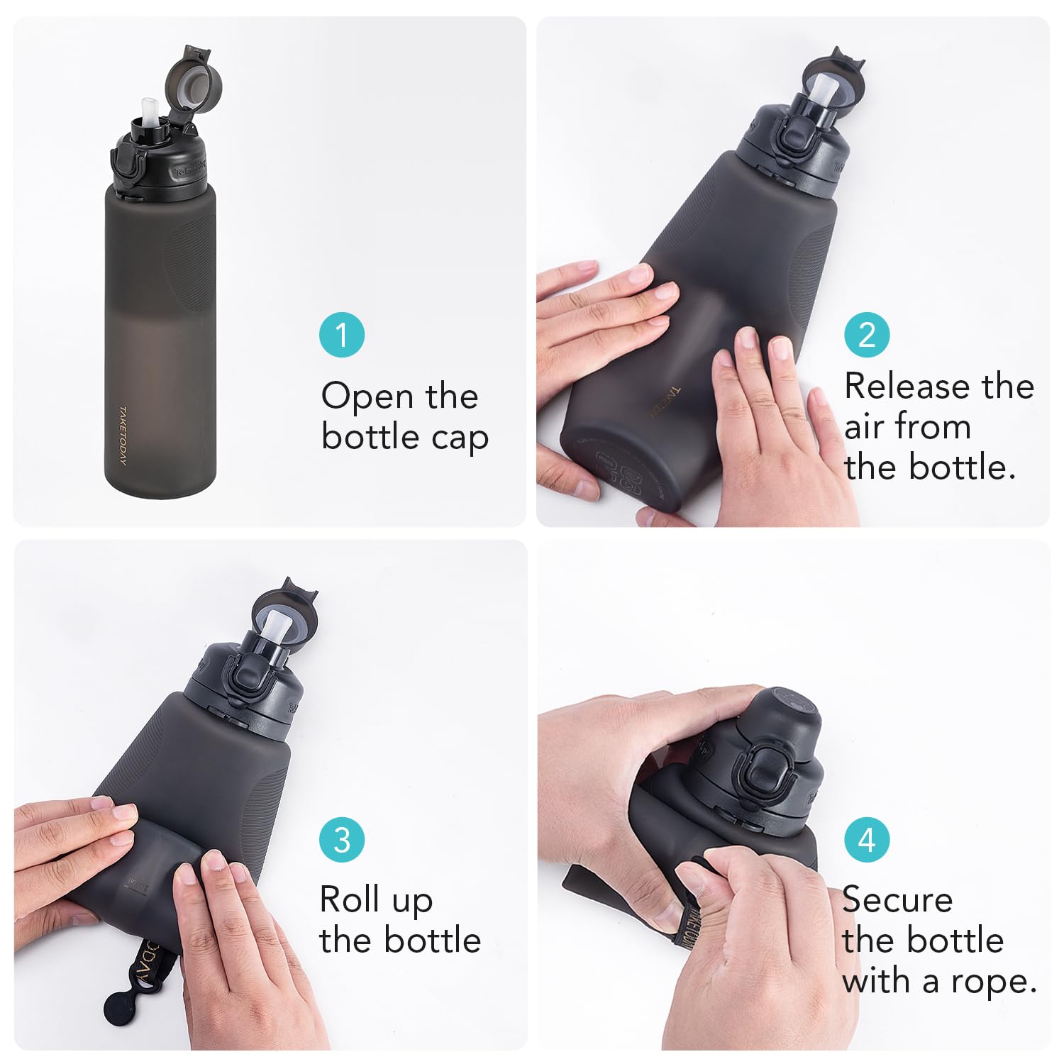 TakeToday Botellas de agua plegables con popote para viajes internacionales, 32 onzas, color negro