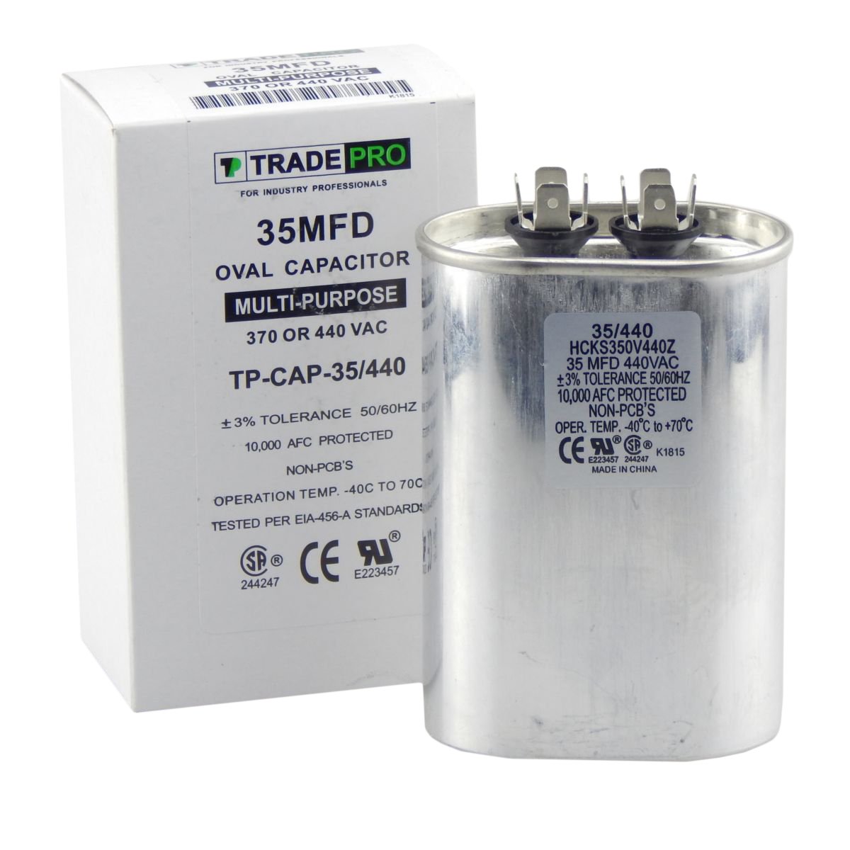 35 mfd Capacitor, Industrial Grade Replacement for Central Air-Conditioners, Heat Pumps, Condenser Fan Motors, and Compressors. Oval Multi-Purpose 370/440 Volt - by Trade Pro