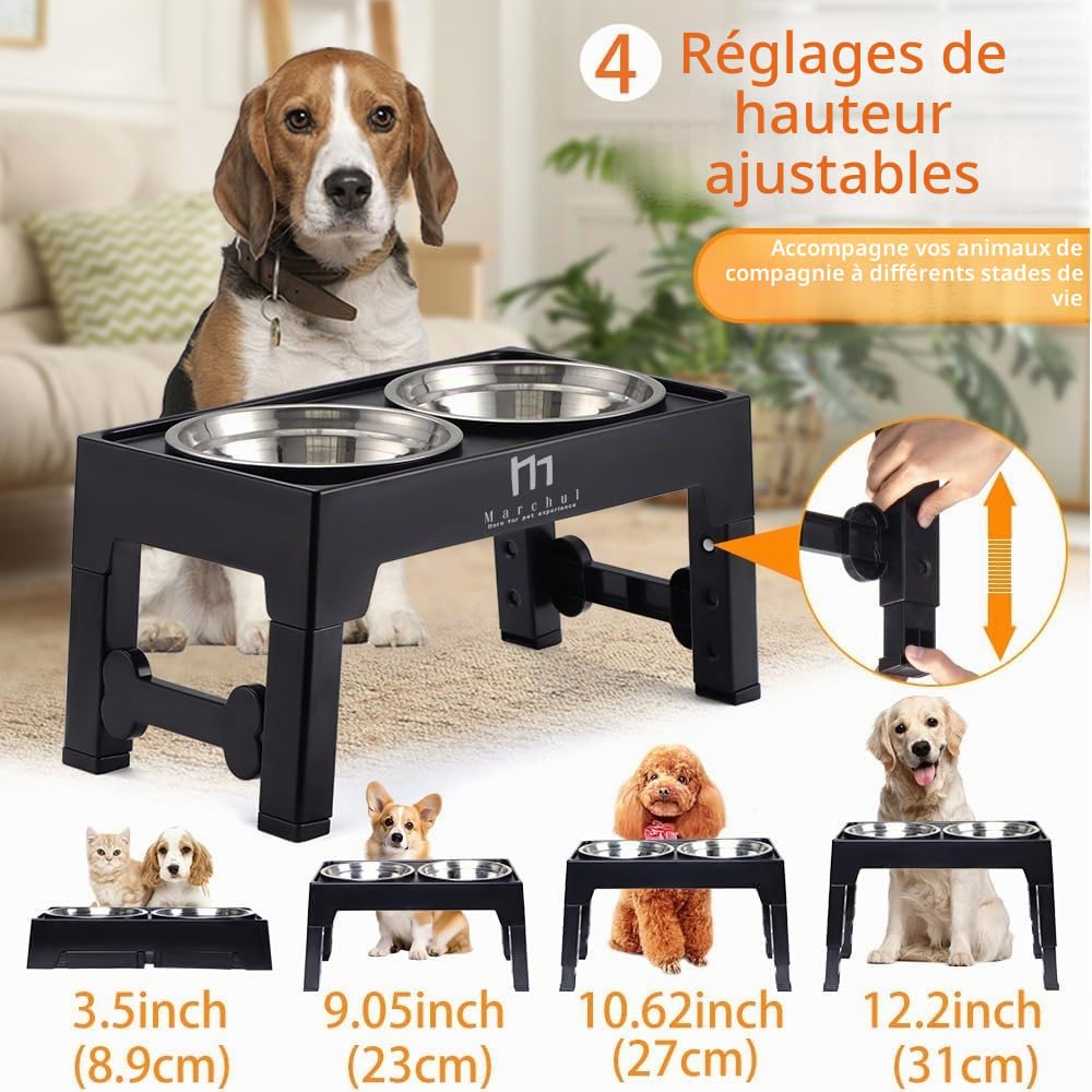 Marchul Gamelle Chien Surélevées de 4 Hauteurs Ajustables, Gamelle pour Chien avec 2 Bols en Acier Inoxydable, Pliable, Antidérapant, Convient aux Petits, Moyens et Grands Chiens