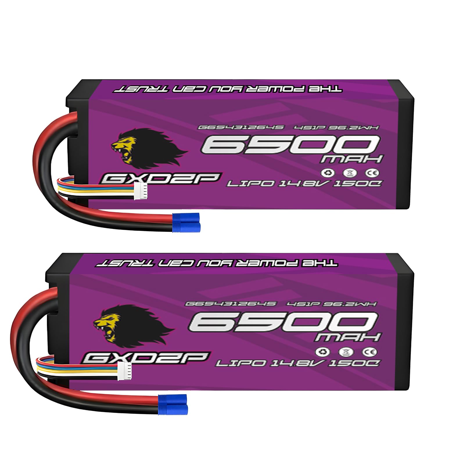 2 Batterie LiPo 4S 6500mAh 14.8V 150C EC5 Pack Doppio Massima Potenza Hardcase Custodia Rigida per Auto Buggy Camion Truggy Aereo Drone FPV RC Scala 1/10 1/8 Radiocomandato Modellismo Racing