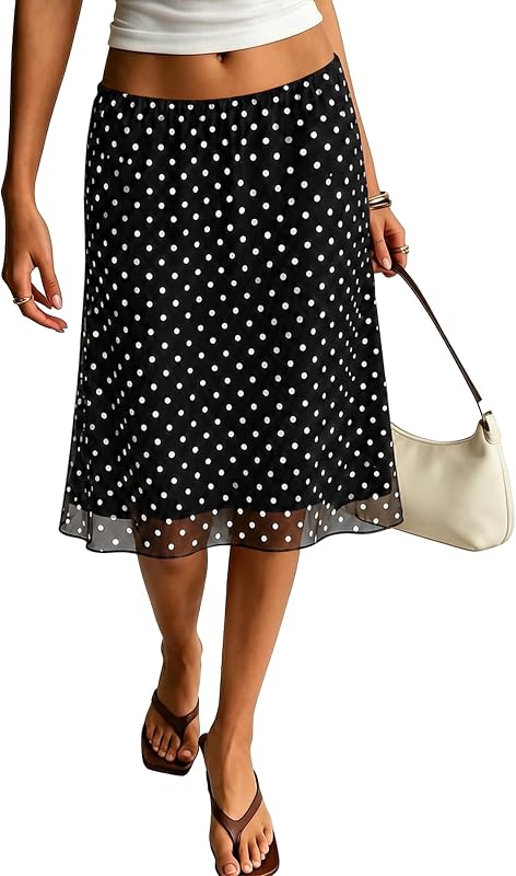 ELLEVEN Low Rise Midi Skirts for Women， Polka Dot Knee Length Mesh Skirt