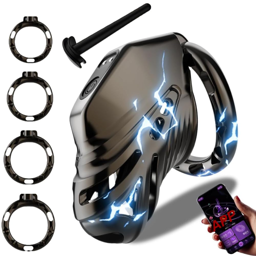Electric Shock Chastity Cock Cage Device with 1-100 Microcurrent Mode & 4 Rings & Silicone Urethral Plug & APP Remote Control, Male E-stim BDSM Penis Bondage Sex Toys for Gay Men Beginners