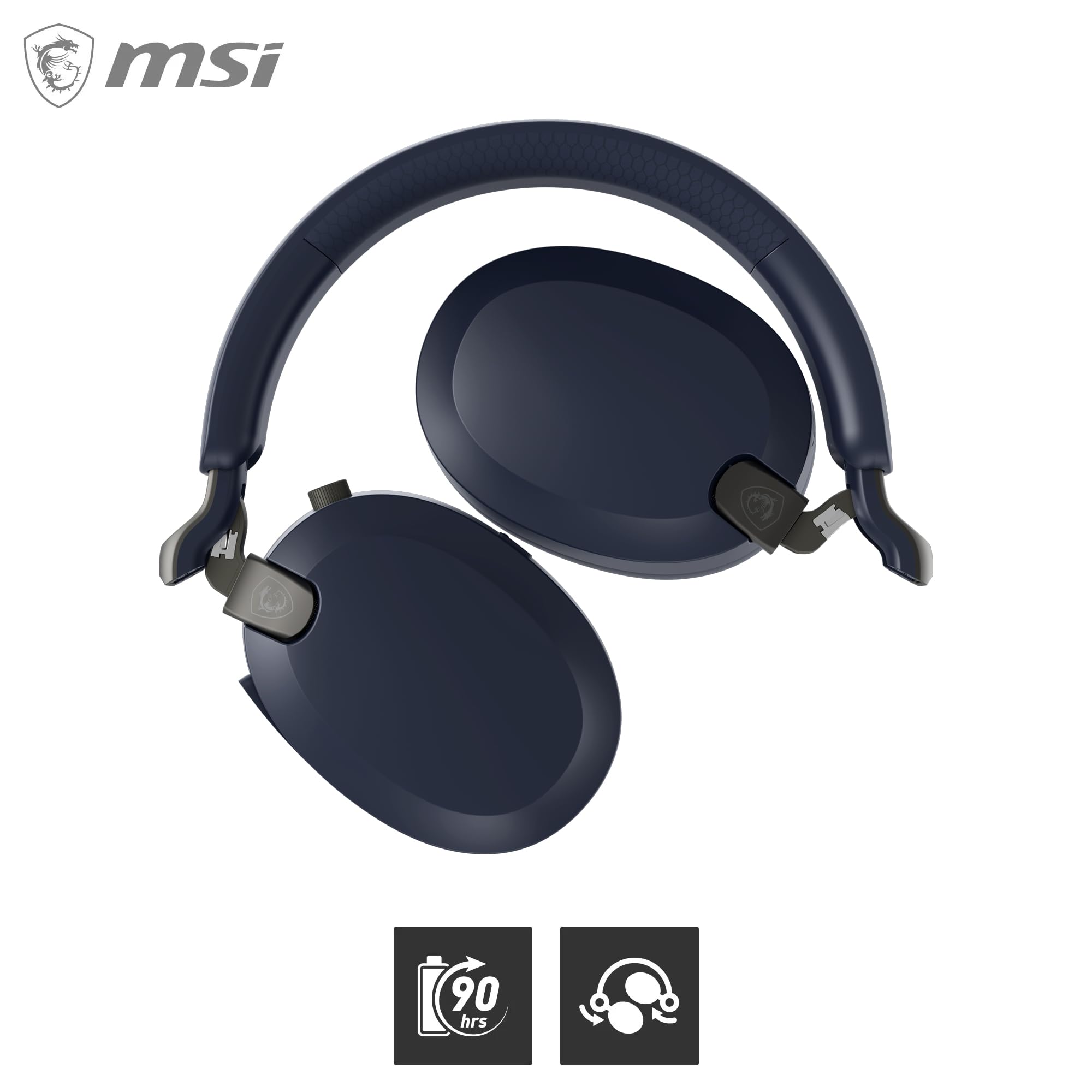MSI Maestro 500 Wireless Navy Casque sans Fil, réduction Active du Bruit, Connexion 2,4 GHz, Bluetooth 5.4 ou Jack 3,5 mm, H-P de 40 mm, Micro rétractable « Flip-to-Mute », autonomie 90 Heures