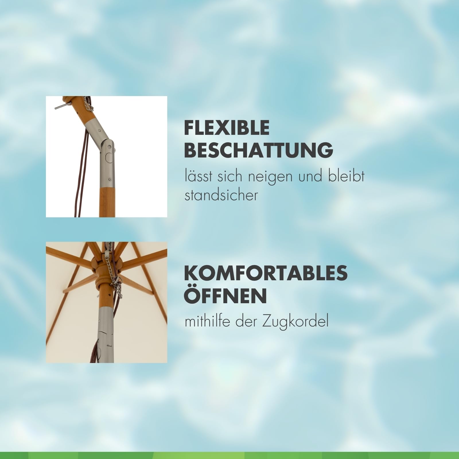 Doppler Deluxe 300cm Sonnenschirm, Hellbeige, Echtholzschirm, UV Schutz 50+ | Runder Gartenschirm, Schirmdach aus Polyester mit Volant, gefertigt aus FSC-zertifiziertem Holz, neigbar & höhenverstellbar