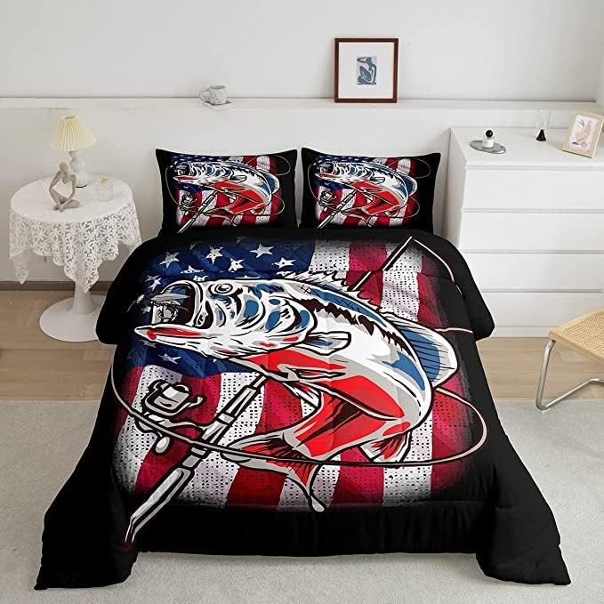Fishing Comforter King Bass Fish American Flag Bedding Set Farmhouse Pike Fishing Comforter Set for Kids Boys Girls Teens Room Wild Fish Decor Red Blue Stripe Quilt Down Comforter Boys Multi