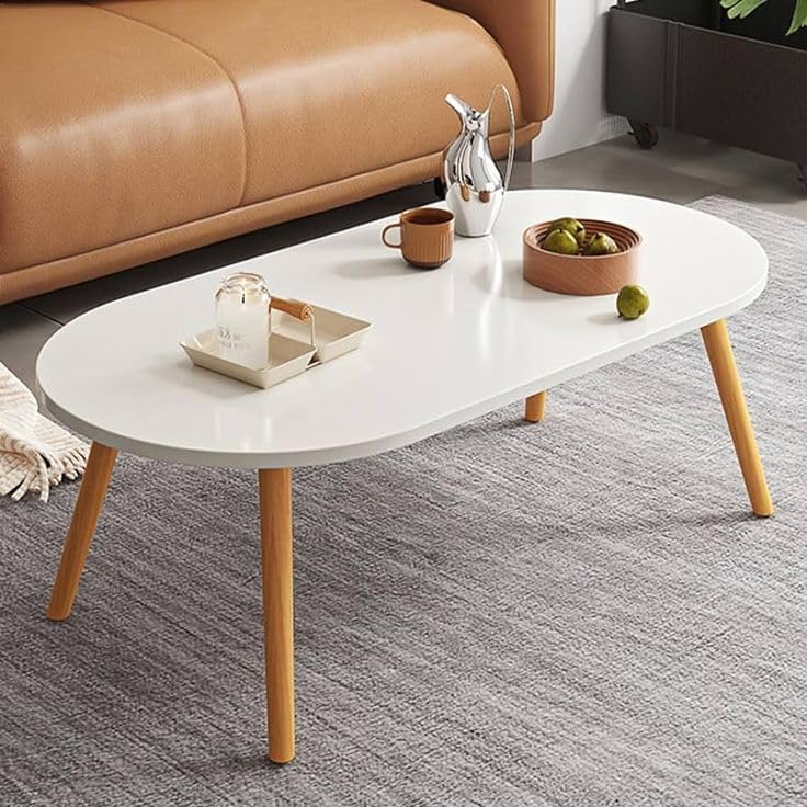 Wooden Foldable Coffee Table - Oval Center Tea Table for Living Room & Bedroom, Easy Assembly with Solid Wooden Legs and top is Engineered Wood (White) 90x18x18 cm-image-27