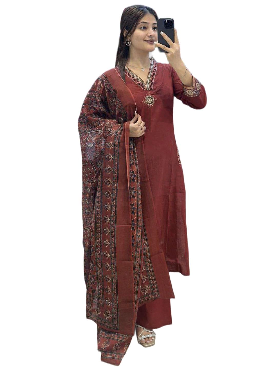 anni designer Kurta Set for Women Cotton Blend Printed Embroidered | Kurta Palazzo Dupatta Set for Woman | V Neck 3/4 Sleeve 3 Piece Ethnic Dress Stylish Womens Clothing Outfit-picture-24