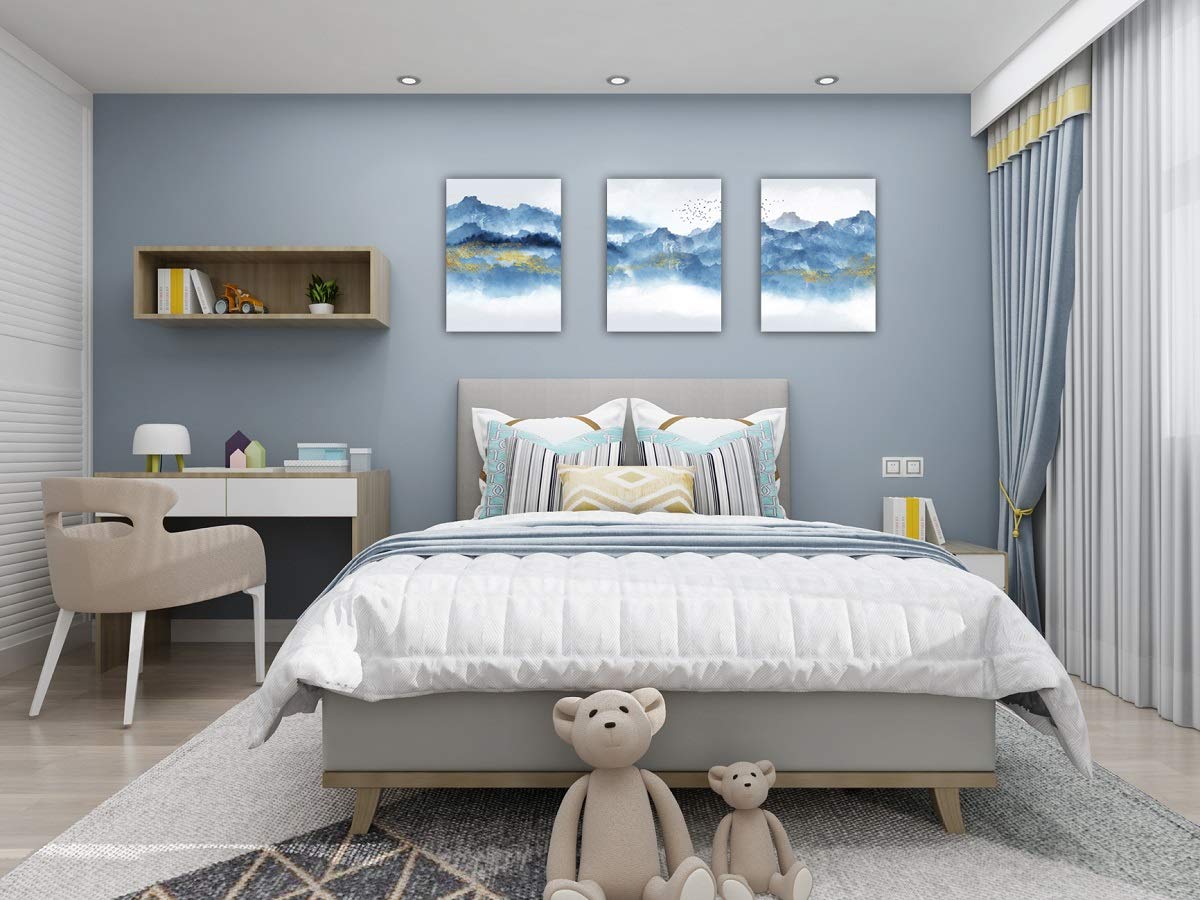 Quadro Su Tela Astratto 3 Pezzi - Montagne Blu Navy Per Soggiorno E Camera Da Letto, Pronto Da Appendere