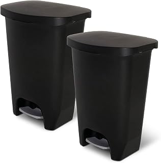 Glad 13 Gallon Step Trash Cans, 2 Pack - Black Plastic Kitchen Bins with Clorox Odor Protection, Foot Pedal & Bag Rings
