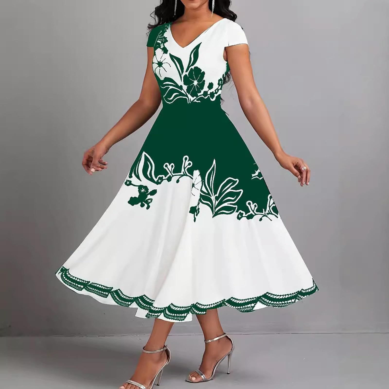 Damska sukienka z dekoltem w serek, plus size, falbany, obszycie, krótkie rękawy, rozkloszowana, trapezowa, swing, na co dzień, na imprezę, koktajl