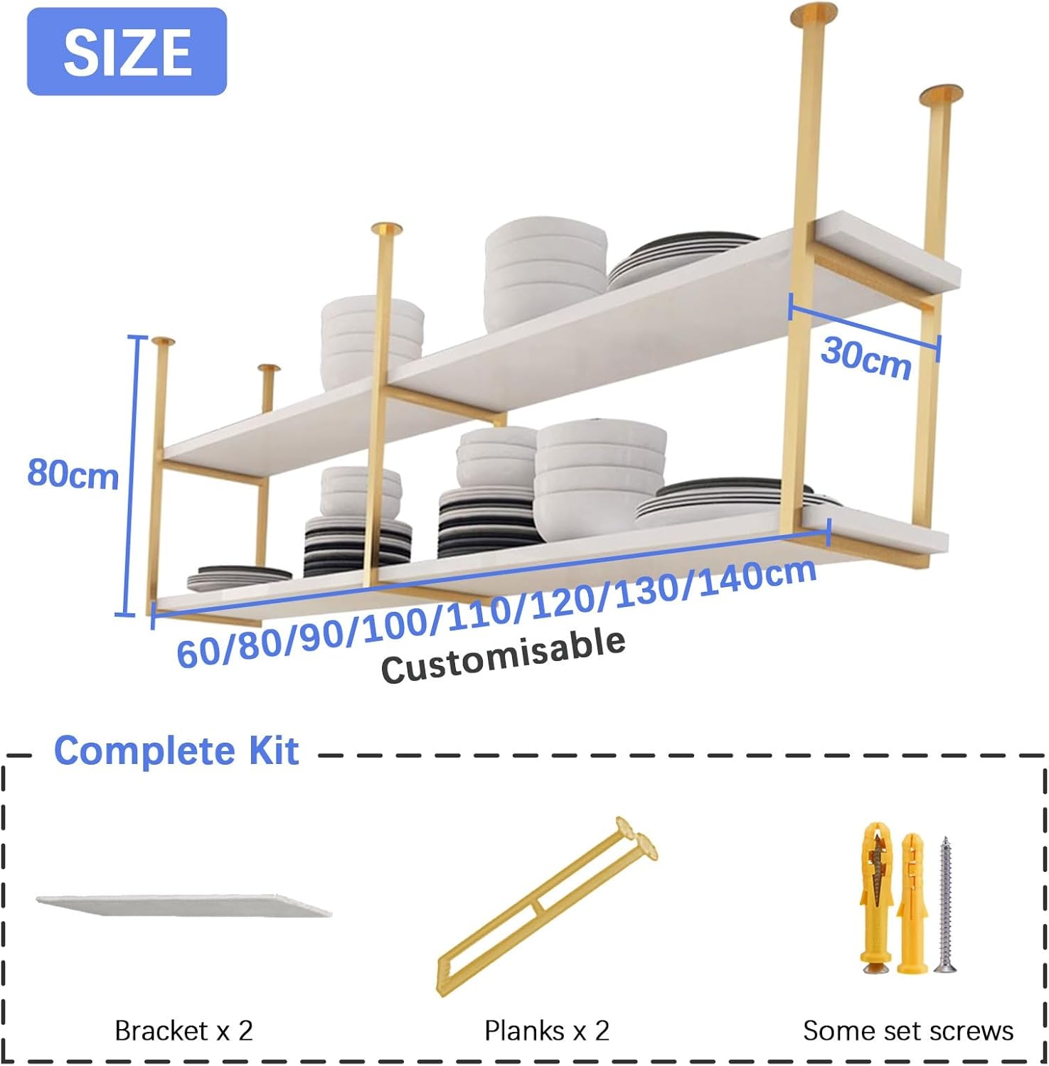 Ceiling-Mounted Floating Shelves 2-Tier Wood Wall Decor Storage Rack for Kitchen Bars Gold Pot Rack Wine Holder Plant Supports - Stylish & Functional Home nization