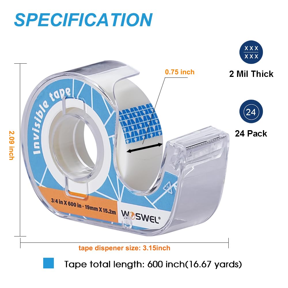 WOSWEL Klebeband-Nachfüllpackungen mit Spender, 50 Rollen, unsichtbare Klebebänder, 1,9 cm x 1,524 cm, Geschenkverpackungsbänder, Lieferant für Zuhause, Schule, Büro
