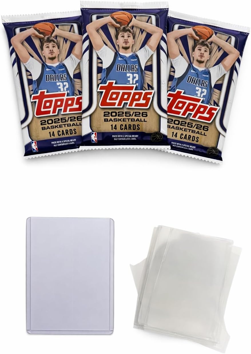 Topps 2025/26 Basketball Trading Card Bundle, 3 Factory Sealed Packs with 42 Cards Total, Includes 10 Penny Sleeves and 1 Top Loader