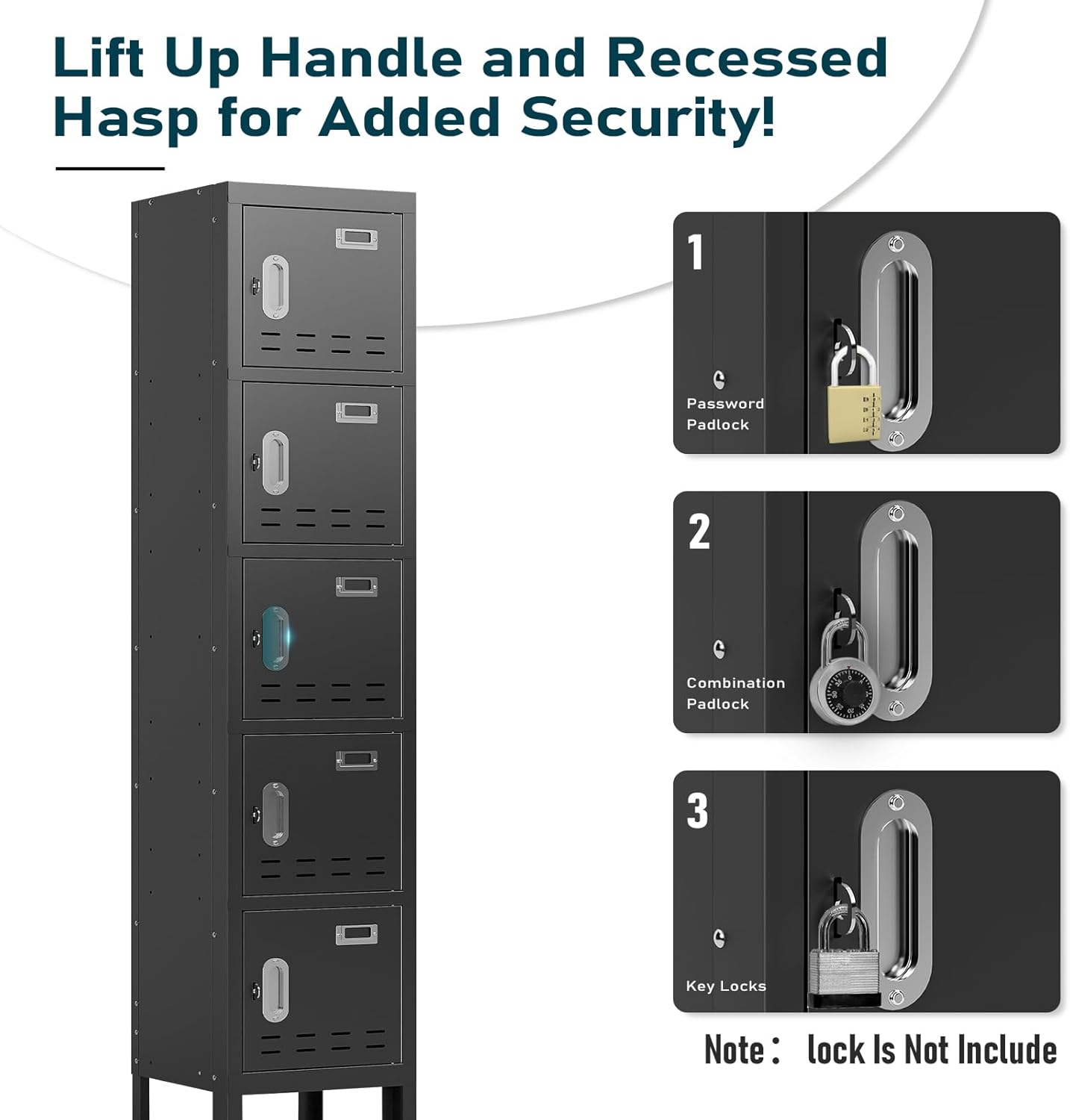 Employees Lockers 66" 5-Door Storage Metal Locker Cabinet for School, Gym, Home Office & Garage, Secure Equipment & Tools Organization (5 Doors,Black)
