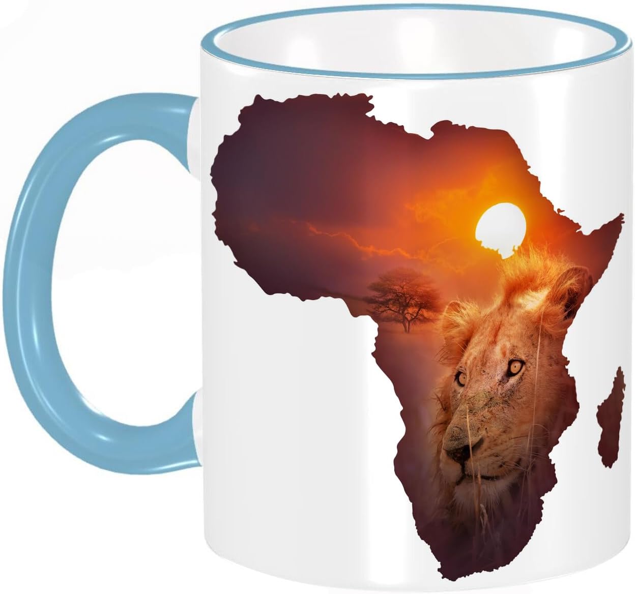 Funny Coffee Mug - 11Oz Cups 330ml - Colored Mug Cup - Gift for Birthday,Work,Office,Male Lion and cub Portrait in Africa map Isolated on White Background,White Printed Coffee Cupgift