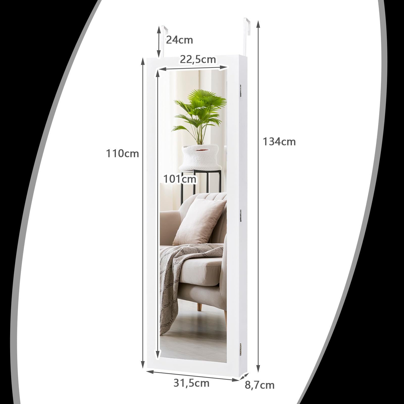 HOMASIS Schmuckschrank mit 2 Spiegeln für Wand & Tür, Spiegelschrank mit Regal, Schmuckregal mit Kettenhaken & Ringverschluss, Schmuckkasten Schmuck-Organizer aus Holz, Weiß (Weiß)