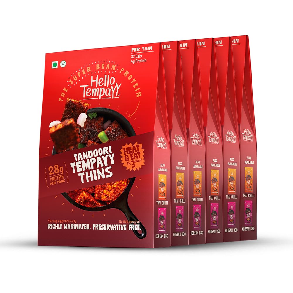 Tandoori Tempeh Thins-Hello Tempayy | Pack of 6 | Protein Rich | Heat & Eat | More Nutritious Than Paneer & Tofu | High Fibre