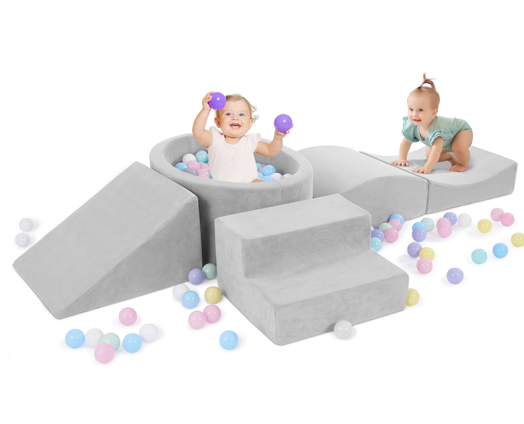 Foam Climbing Blocks with Ball Pit Designed for Toddlers Aged 1-3 -Great for Indoor Crawling, Inside Foam Playground Set for Little Ones to Active Playing -(Balls NOT Included) Grey