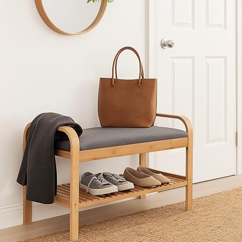 Miniatura 5 de Proman Products Cambridge - Banco de zapatos de bambú con almacenamiento de zapatos y cojines, natural