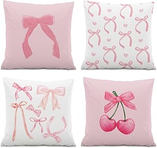 Coquette Room Decor,Pink Cute Bow Throw Pillow Covers 18x18 Set of 4,Gif...