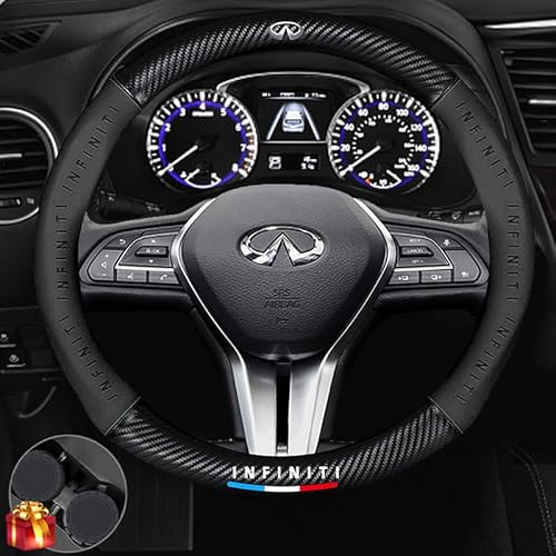 Customized Steering Wheel Cover Compatible with Infiniti, Nappa Leather & Carbon Fiber Design, Includes 2 Non-Slip Coasters and USB Fast Charging Cable (Black)