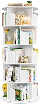 Aheaplus Rotating Bookshelf, 5 Tier Wood Spinning Bookshelf Tower, White