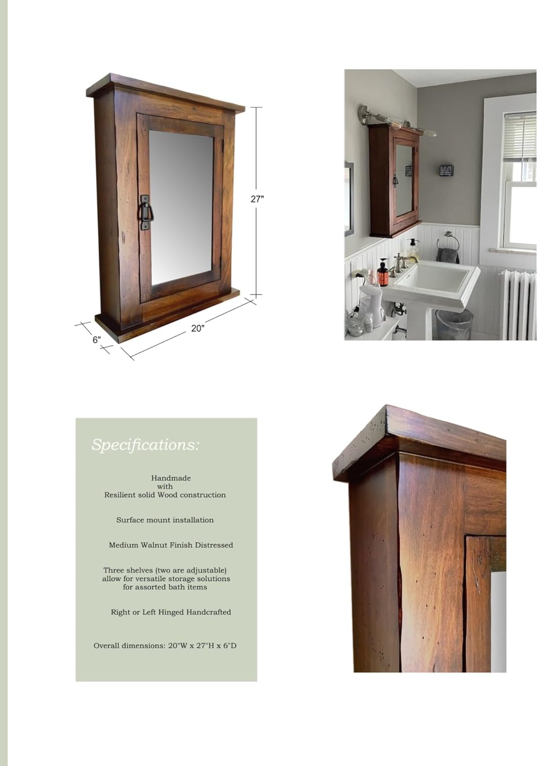 Dijkoo ZyduzscAT NUOTIRUIS Primitive Mission Medicine Cabinet/Surface Mount/Distressed Medium Finish/Solid Wood & Handmade C