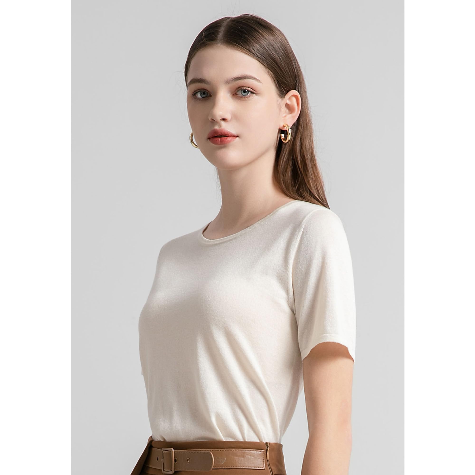 GreenMount Women's Silk Cashmere Round Neck T-Shirt Stretchy Basic Tee Summer Tops for Women