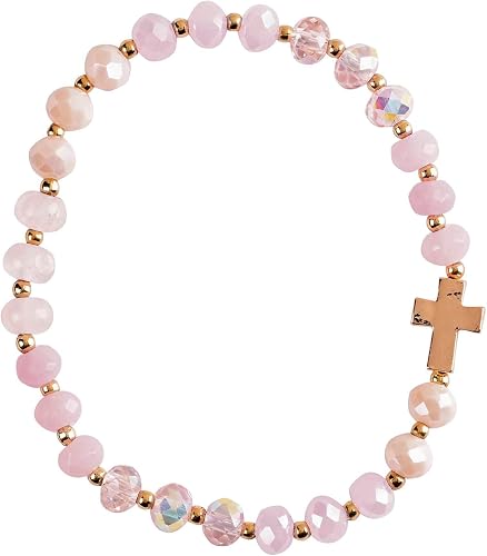 Dicksons Woman of God Box Cross Charm - 2.5 Inch Pink Agate Stone, Glass and Gol